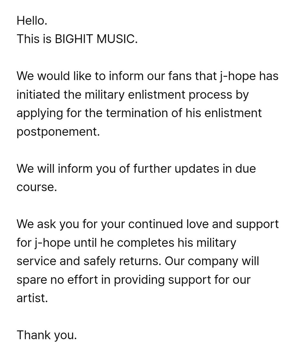 ValuJim433's tweet photo. 📑 — BH COMUNICADO.

La empresa BigHit Music ha informado que j-hope a iniciado su alistamiento al servicio militar, siendo así que ha terminado su periodo de aplazamiento.

La empresa dice que conforme el tiempo avance, informaran más al respecto y que sigamos dando amor. https://t.co/5Z5S2eSMry