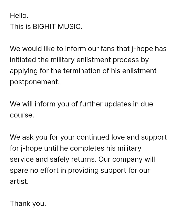 sugadboy's tweet photo. Comunicado | Alistamiento militar y planes futuros de #JHOPE

"Nos gustaría informar a nuestros fans que j-hope ha iniciado el proceso de alistamiento militar, solicitando la terminación de su aplazamiento del alistamiento.
Les informaremos de más actualizaciones a su debido (+) https://t.co/z6WIZsGnnG