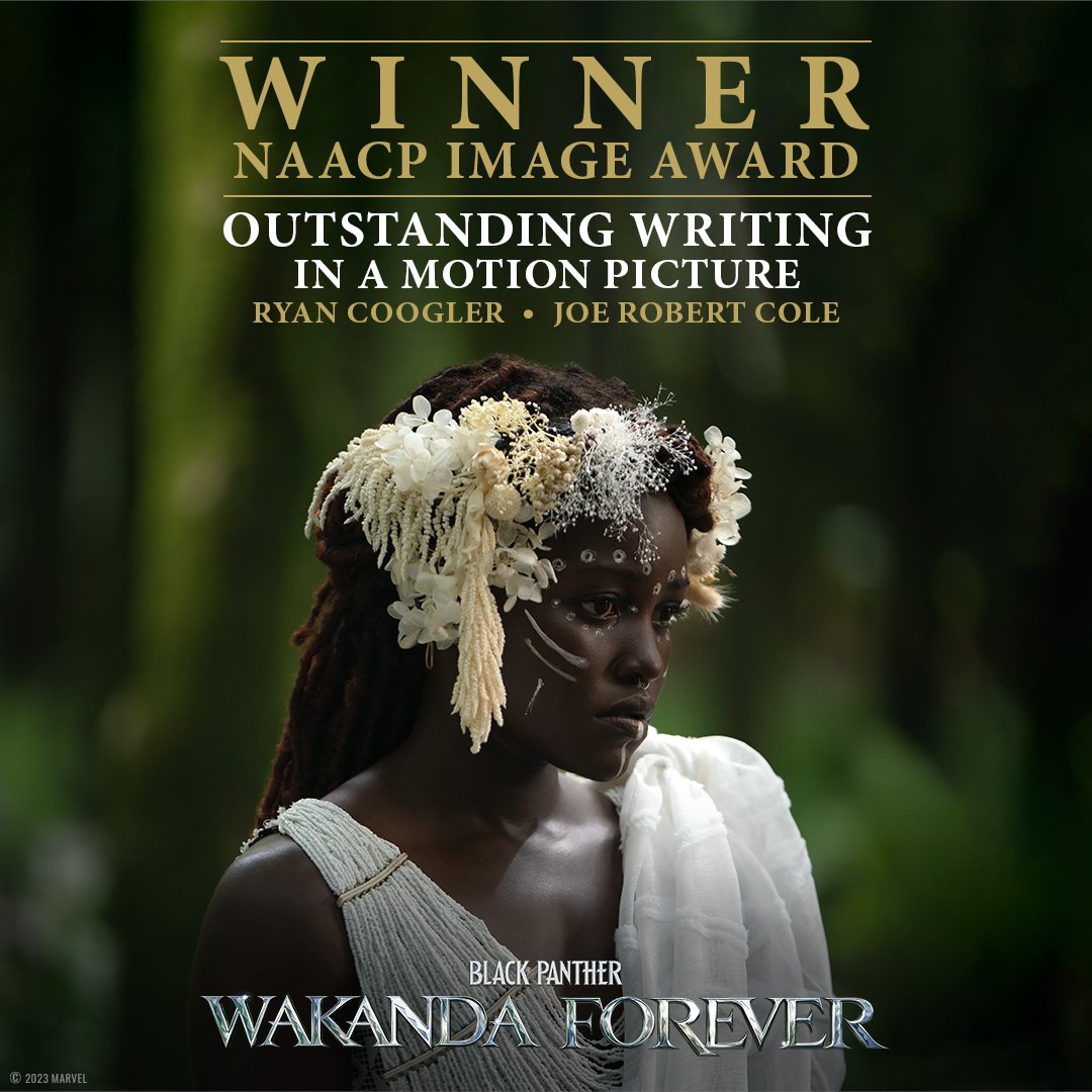 Congratulations to Ryan Coogler and Joe Robert Cole for their NAACP Image Award win for Outstanding Writing in a Motion Picture for Marvel Studios’ Black Panther: #WakandaForever! #NAACPImageAwards