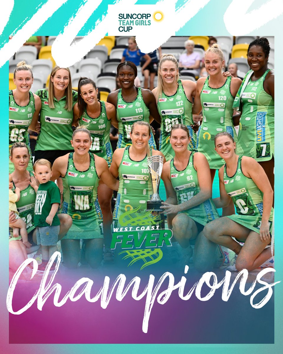 SuperNetball's tweet photo. The West Coast Fever are your Suncorp Team Girls Cup champions! 🎉 https://t.co/cms4rUQV8z