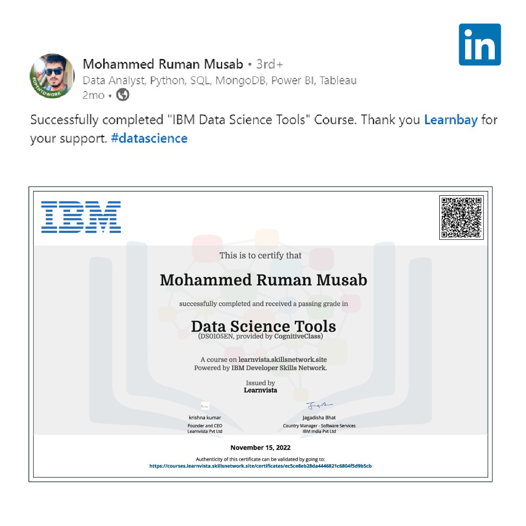 Learnbay's tweet photo. 🥳Congratulations to Mohammed Ruman Musab on completing the Data Science Tools course from Learnbay!Best wishes for a successful career ahead!
📌Follow us @Learnbay
#careers #datascience #learnbay #LearnbayDataScience #CertificateOfCompletion #careerdevelopment https://t.co/l3TLchvm53