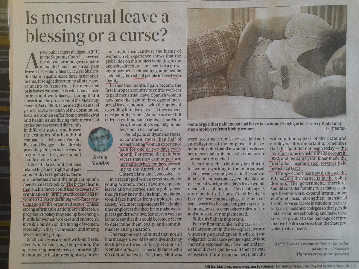 IMishraHimanshu's tweet photo. "Menstrual leave: a boon or a bane? Get a comprehensive view on this topic with Akhila Sivadas' latest article in Hindustan Times. A must-read for those interested in understanding this contentious issue." 

#menstrualleave #balancedperspective #mustread https://t.co/k3uppGvwv3