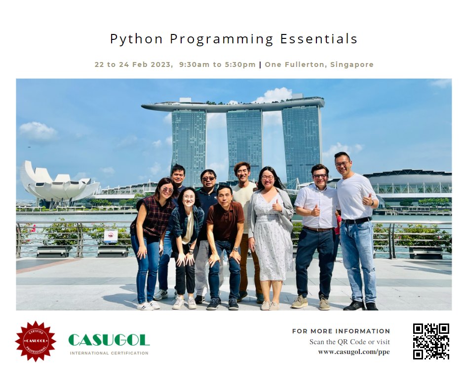 casugol's tweet image. Congratulations to learners for completing #PythonProgramming Essential from 22 to 24 Feb 2023 and receiving a Certificate of Competency for their achievements.
Learn more at casugol.com/ppe
#pythontraining #pythononline #pythonbasic #educatingtheworld #casugol