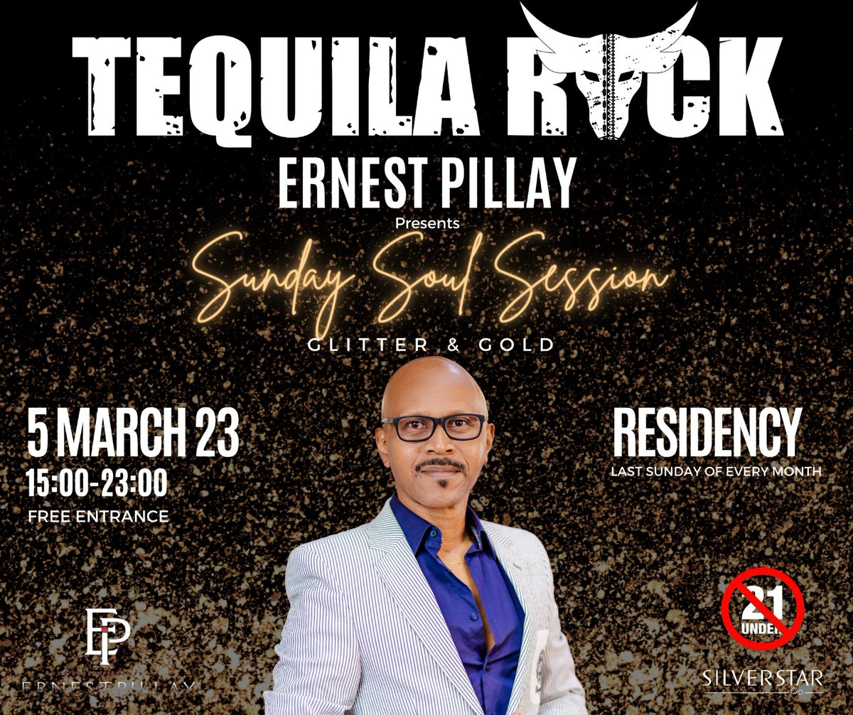 Here's our next session, it's a date!
Ernest Pillay Sunday Soul Sessions ft. Thulani Mabuza |  LadyOfSoul | Kiddo | Mr. Smooth 🎶
@tequilarocksa @silverstarza 
@Tsogo_Sun Soul and R&B Music✔
✔Spectacular Venue 
✔Good Food 
✔Secured Parking 
bookings@tequilarocksa.co.za