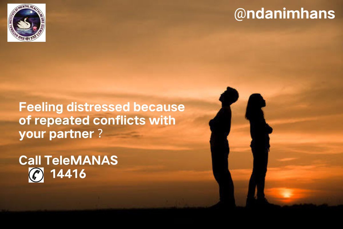 ndanimhans's tweet photo. ➡️ Occasional conflicts between partners are common. 
➡️ But repeated conflicts can lead to severe distress, sleep difficulties and decreased quality of life. 
➡️ Call TeleMANAS (14416) for help. 
#TeleMANAS #seekhelp #MentalHealthMatters #relationships #couples @MoHFW_INDIA https://t.co/cg8adWxK2g