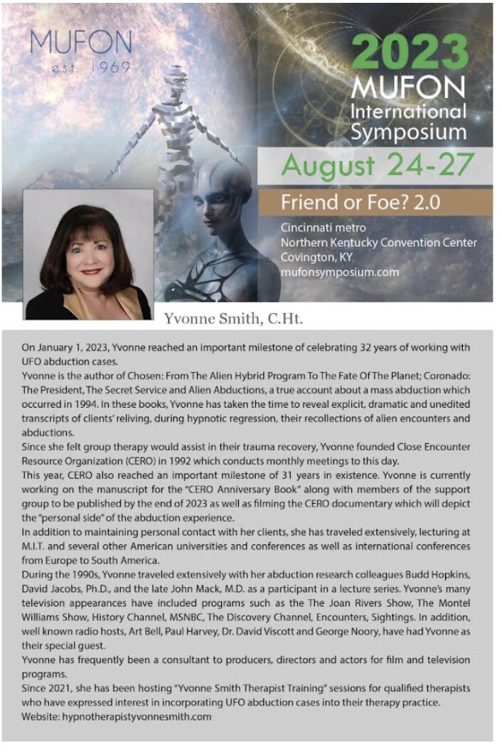 mufon's tweet image. introducing our 2023 MUFON International Symposium speakers one by one. Welcome Ms. Yvonne Smith! #ufology #uap #flyingobjects #2023mufonsymposium #ohio #kentucky #cincinnati #science #conference #livestream #uforesearcher #author #speaker #mufon #Encounter #abductions