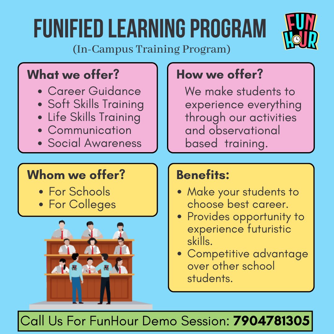 #FunHour Funified Learning Program for Schools & Colleges. 

Contact @FunHourOfficial to prepare students for the future.

#growwithfunhour #learnwithfunhour #changeseekers #skillsforlife #skilldevelopment #careerguidance #Schoolstudents #collegestudents #personaldevelopement