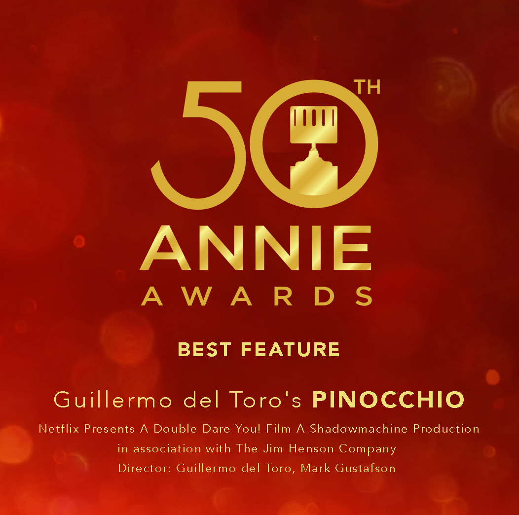And the Annie Award for BEST FEATURE goes to . .  . Guillermo del Toro's Pinocchio! Congratulations to our 50th Annie Award Winners! 

#50thannieawards #guillermodeltoropinocchio #bestfeature