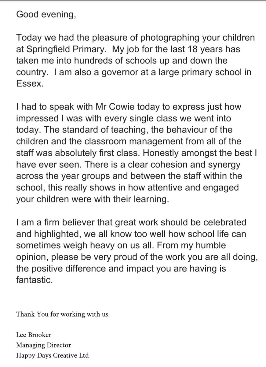 SpringfieldBeds's tweet photo. Always nice to receive positive feedback to share with pupils, staff and parents. Well done to all as we continue to develop and adapt. #workinghard #newchallenges #teamspringfield https://t.co/WPOdRw5CKH