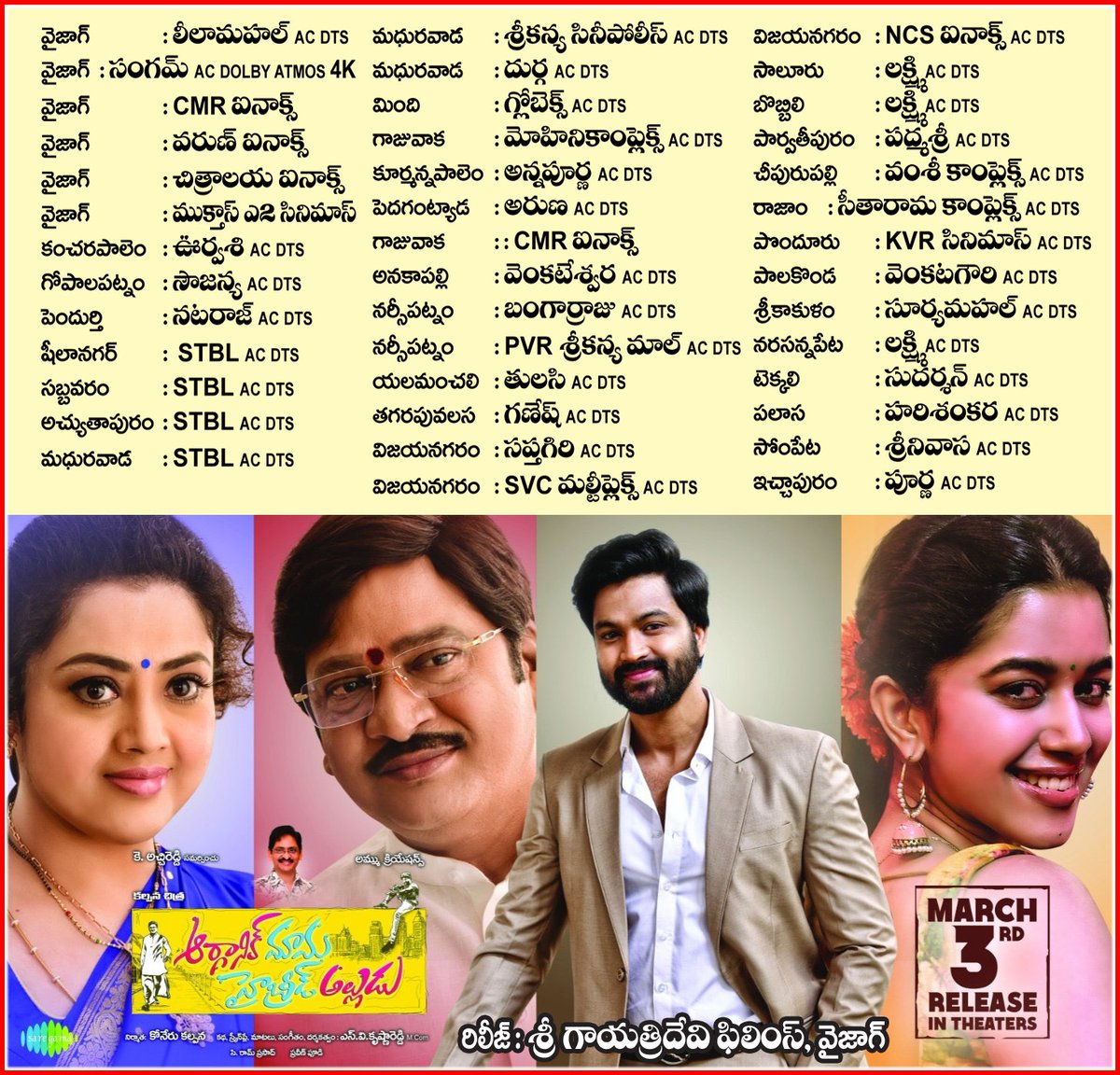 VizagHydmovies's tweet photo. #OrganicMamaHybridAlludu Uttarandhra Theater's List !!

Release by Sri Gayathri Devi Films !!

@mirnaliniravi @RyanSohel #SyedSohell #BalaRaju #Lakshman #SVKrishnaReddy #KoneruKalpana #AtchiReddy #SekharKammula #Meena @saregamaglobal @harshachemudu

#OMHAOnMarch3rd https://t.co/dLb830ALs6
