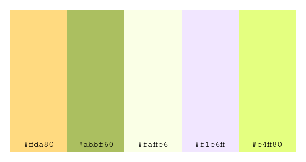 ColPaletteBot's tweet photo. Beep beep, here's a pretty color palette for you!
color-scheme.js parameters used:
- hue: 286
- variation: light
- colors: #ffda80, #abbf60, #faffe6, #f1e6ff, #e4ff80
Have a lovely day!
#twitterbot #colorpalette #colors #palette #prettycolors https://t.co/7xSlB7Zhk6