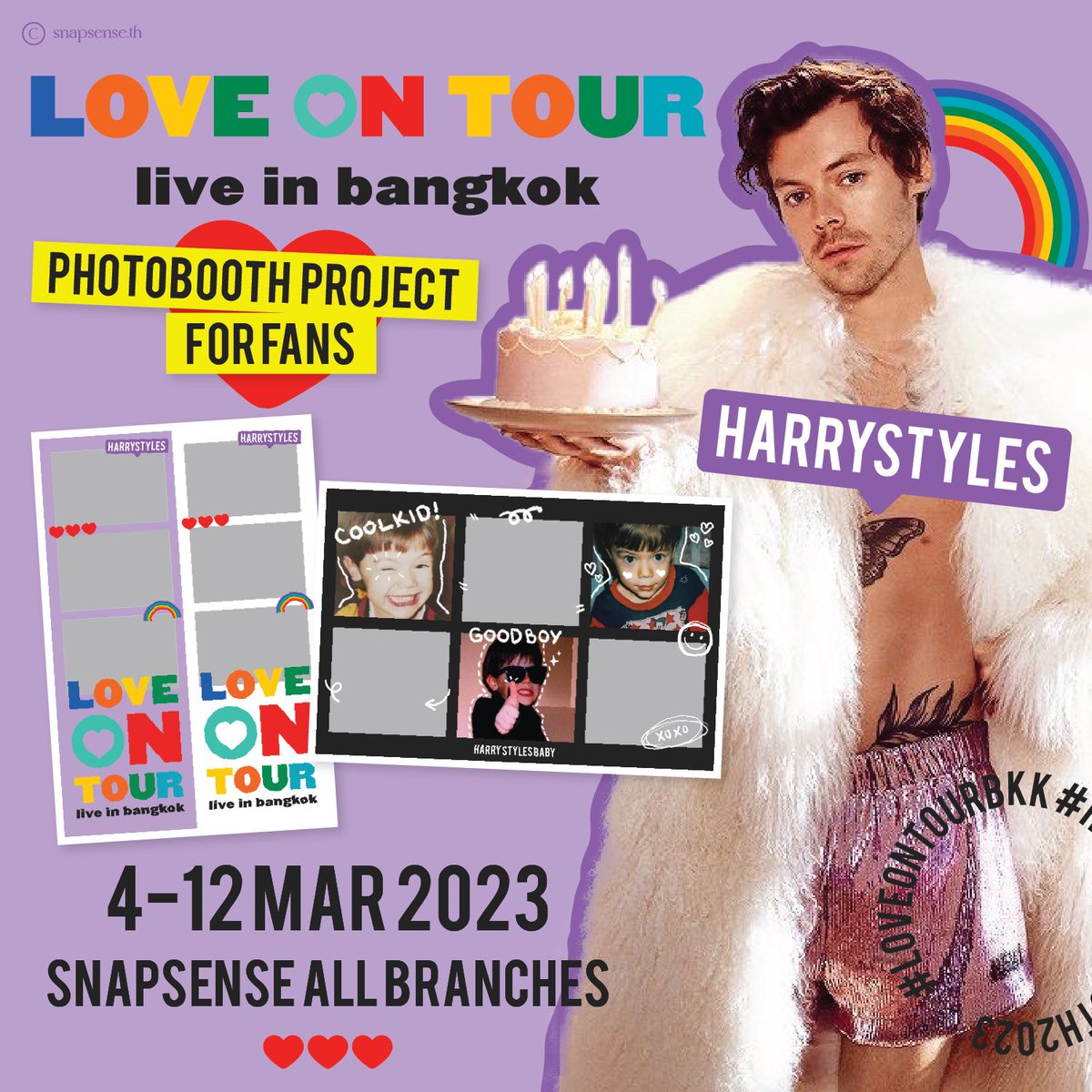 harrystylesbth's tweet photo. 𝐋𝐨𝐯𝐞 𝐎𝐧 𝐓𝐨𝐮𝐫 𝟐𝟎𝟐𝟑 𝐁𝐊𝐊 💜🇹🇭
— 📸 𝙋𝙝𝙤𝙩𝙤𝙗𝙤𝙤𝙩𝙝 𝙋𝙧𝙤𝙟𝙚𝙘𝙩 𝙁𝙤𝙧 𝙁𝙖𝙣𝙨 

🎞️ 2 special frames
📆 4 - 12 Mar 2023
📍 @SnapSenseTH All branches 

#LoveOnTourBKK #HarryStylesTH2023 https://t.co/OVyqg03PKf