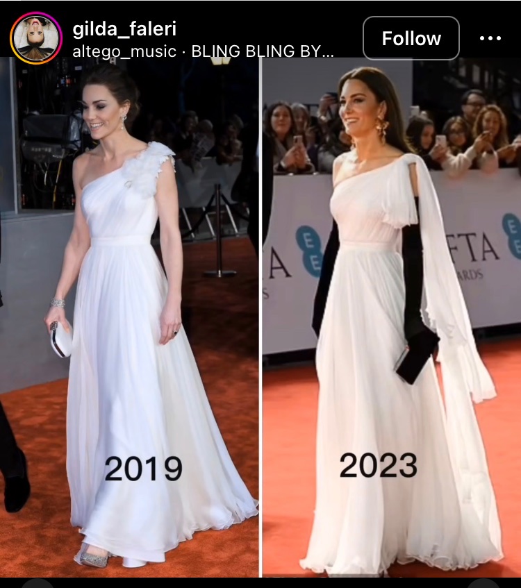 After seeing the two looks side by side, I adore the the extra shoulder tassel and the black gloves in the 2023 look 😍 #PrincessofWales #BAFTA2023 
Credit to owner