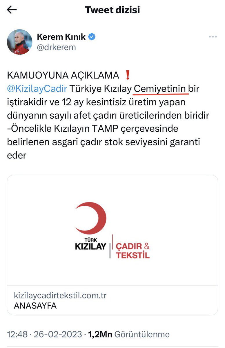 Doğrusu:

Kızılay Çadır, Kızılay'ın 13 şirketinden biri. Bu 13 şirket Kızılay Yatırım Holding'e bağlı. Çünkü Kızılay 2019'da holdinleşti. Amaç denetimden kaçmak, at koşturmaktı.

Şimdi algı yapıp sanki ortada Kızılay Cemiyeti diye bir şey varmış gibi zırvalıyor
