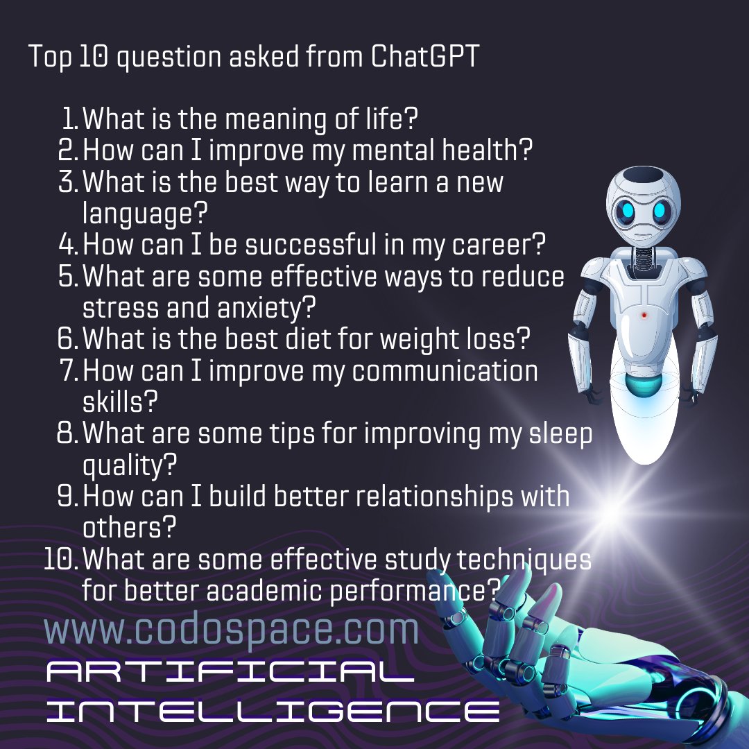 CodoSpace's tweet image. Top 10 question asked from ChatGPT.

Are you looking for AI &amp;amp; ML Based Advance Application 
codospace.com

#CodoSpaceIT
#AIapplications
#MLsolutions
#customdevelopment
#artificialintelligence #machinelearning #ai #ml #softwaredeveloper #ChatGPT #ChatGPTPlus #startups