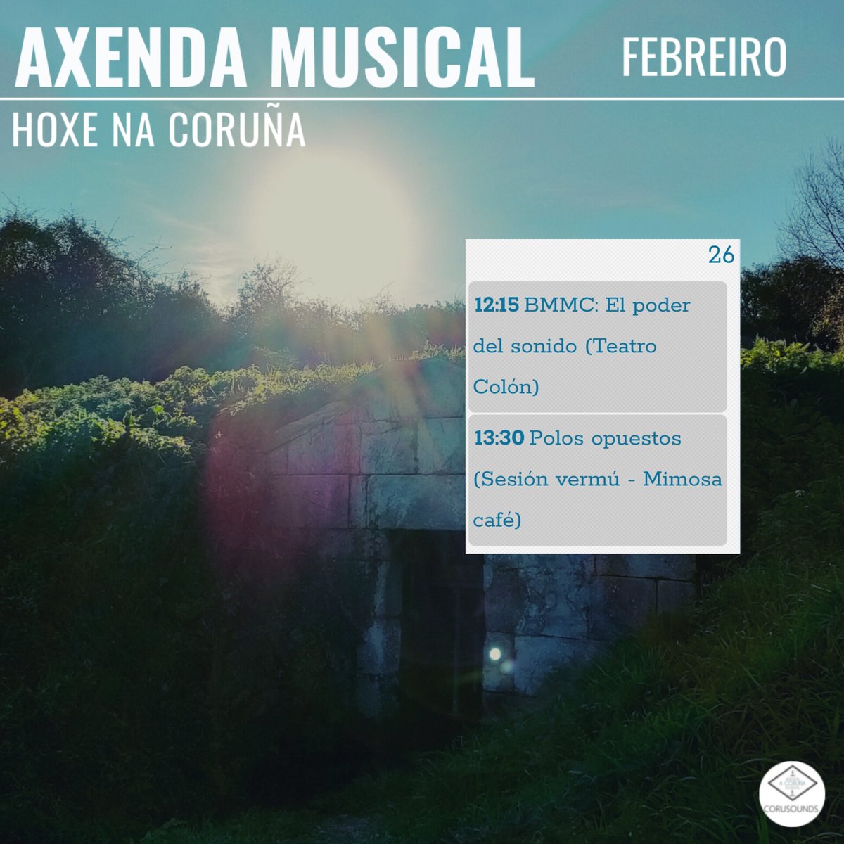 Hoxe na Coruña... 
.
.
.
Podes ver todos os concertos programados este ano en: corusounds.emiweb.es/agenda
#ACoruña #Coruña #AxendaMusical #AgendaMusical #Musica #Concertos #Concertos #Cultura #culturaparatodos #CulturaSegura