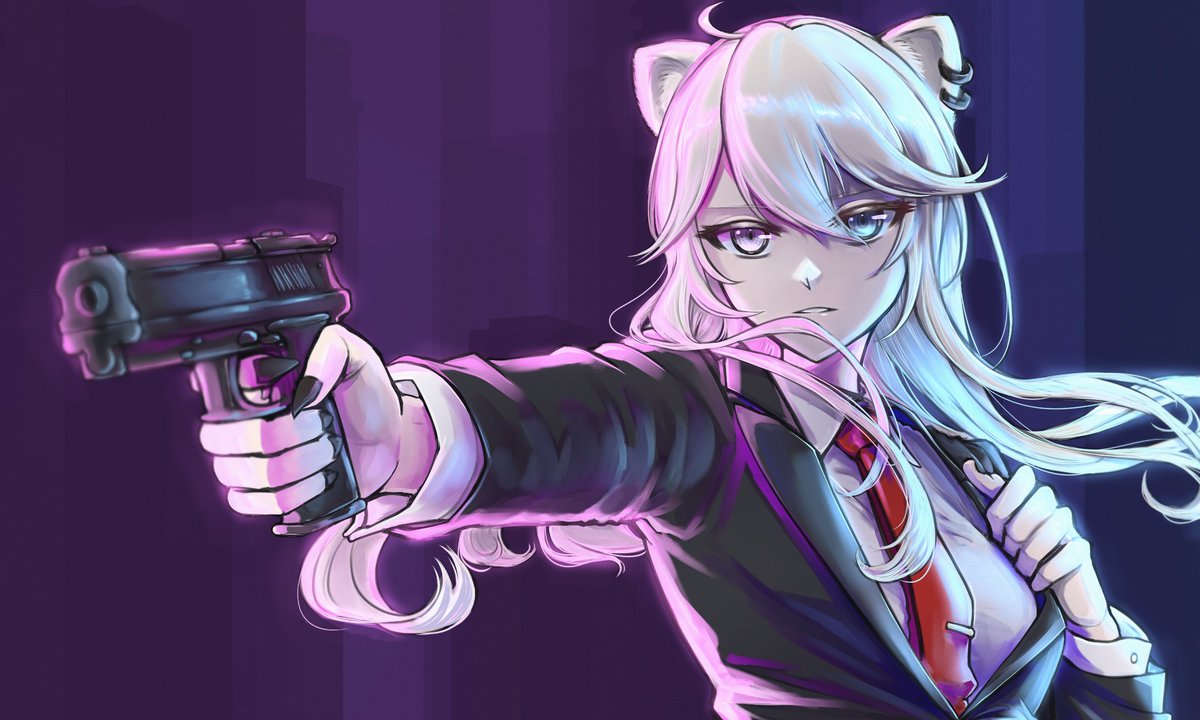 shishiro botan 1girl gun animal ears weapon lion ears holding gun handgun  illustration images