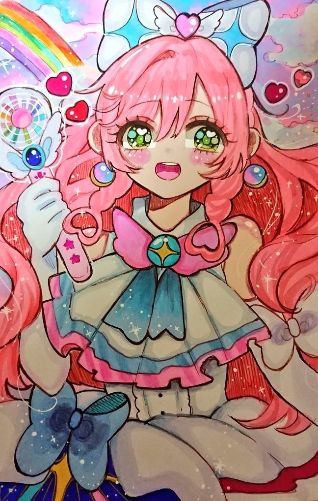 1girl green eyes pink hair solo rainbow long hair magical girl  illustration images