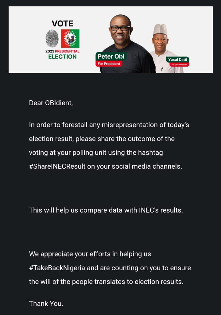 Please share the pictures of your signed election result sheet with the hashtag #shareinecresults
#shareINECresult 

Please lets make this go viral!

The LP | The Nation | #Nigeriaelections2023 #PeterObiIsWinningEverywhere