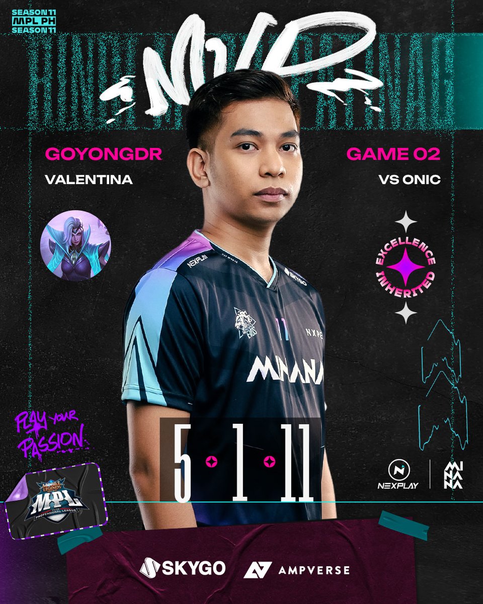 NexplayEsports's tweet photo. Goyongdr is the MVP of the game, finding the winning play and leading his team to victory. 💜💙

#MPLPhilippines #NexplayEsports #NexplayEvos #ExcellenceInherited  #NexplayxMinanaMPLPhSeason11 #PlayyourPassion https://t.co/3VTWHtAqdV