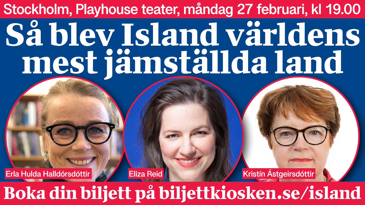 På några årtionden gick Island från fattigt och ojämställt till rikt och välmående. I centrum står utvecklingen till världens mest jämställda land. Hur gick det till? Och vilka är framtidens utmaningar? Välkommen till Playhouse teater i Stockholm i morgon! biljettkiosken.se/island