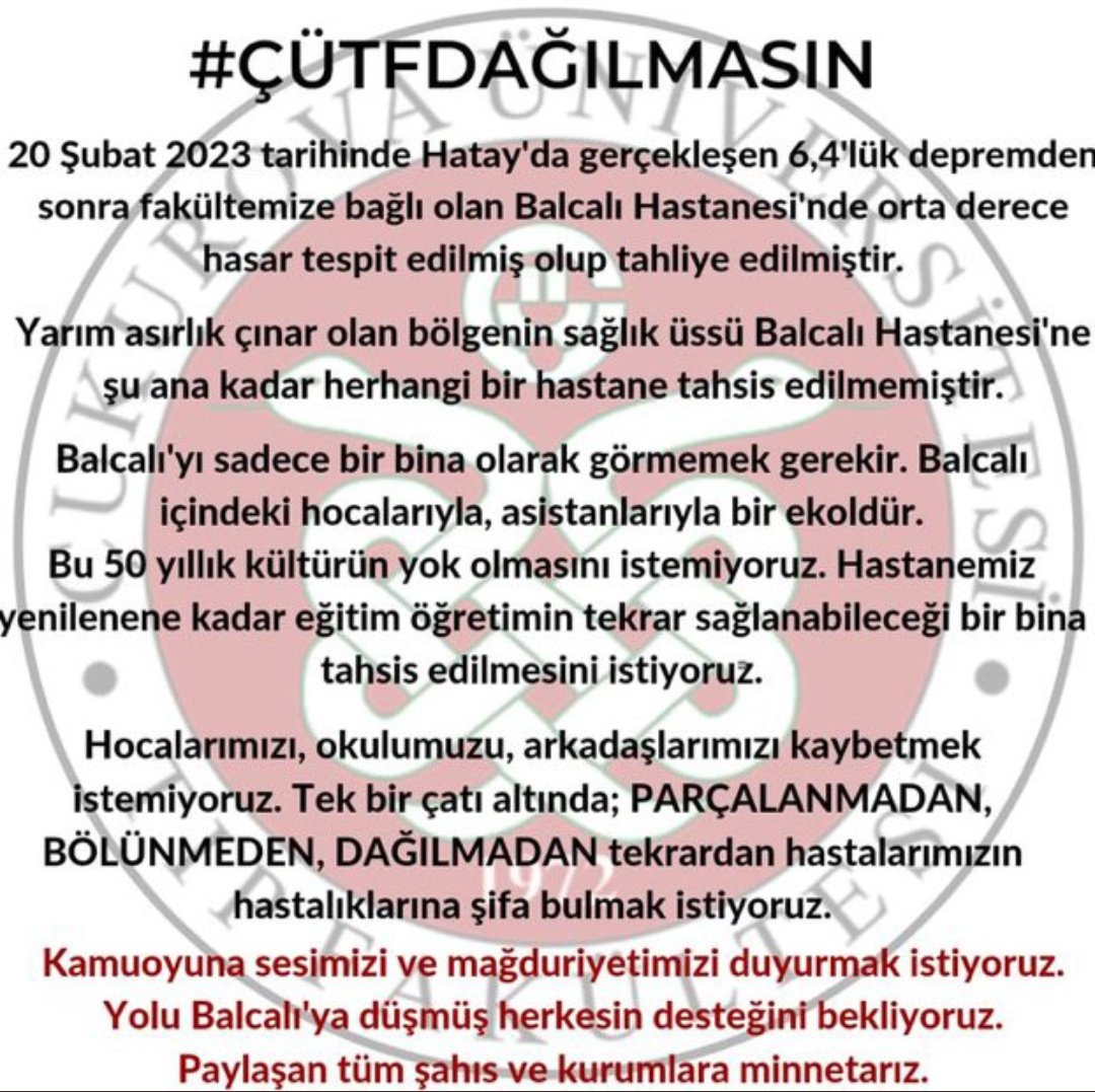 Sevginamli's tweet photo. Yaşadığımız depremlerden dolayı hasar alan hastenemizin yerine , sağlık hizmeti öğrenci ve asistan  eğitimi verilebilecek hastane binası gereklidir.

#ÇÜTFdağılmasın https://t.co/Y4cQNu5giM