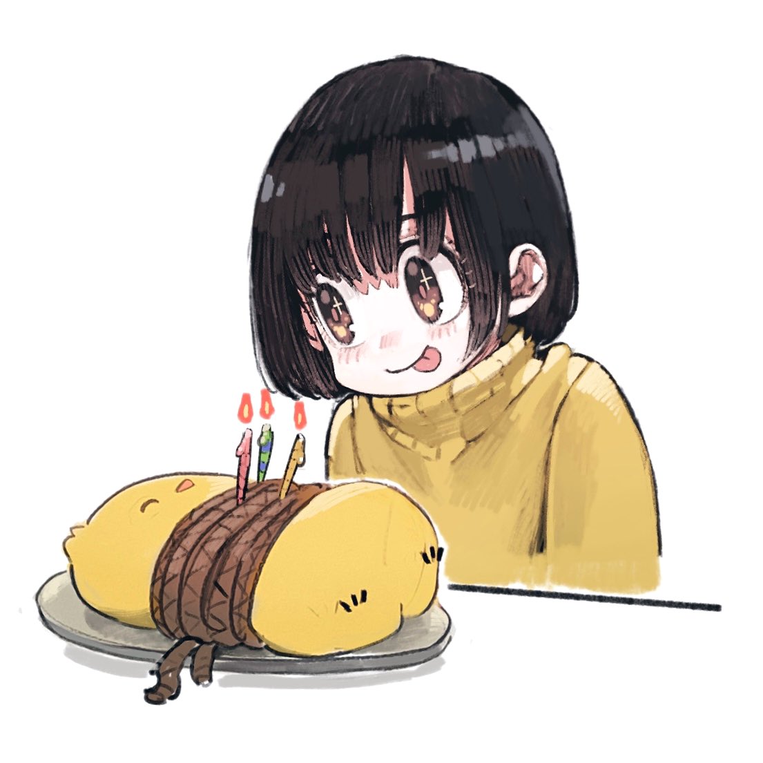 1girl black hair tongue out tongue candle sweater white background  illustration images