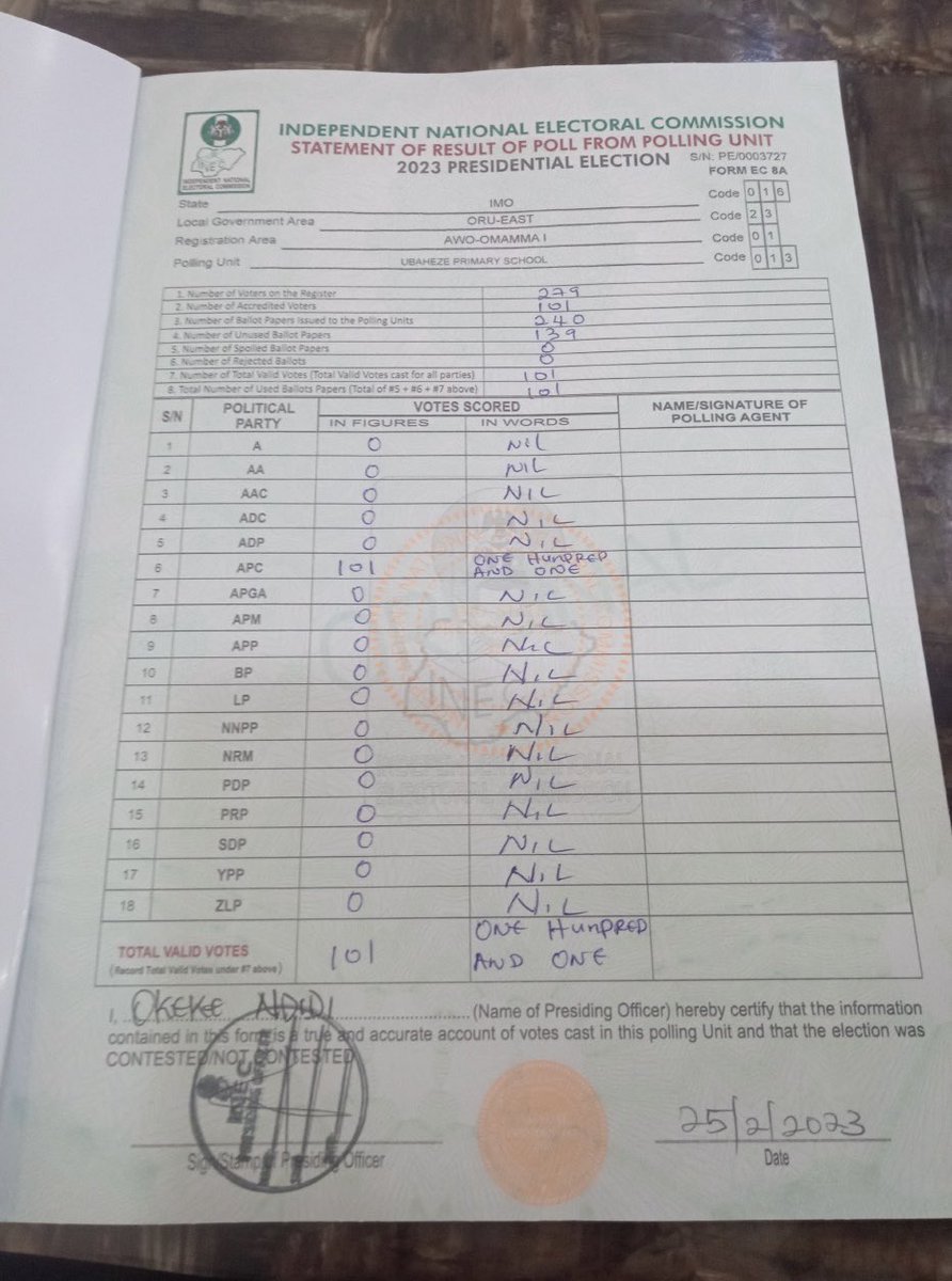 Nichbenjr's tweet image. Update! 
They are still uploading. They are now giving LP and PDP zero (0) votes in other Oru East LGAs where election did not hold.
INEC must not declare a winner till a proper audit is conducted.
This is shameful!

@inecnigeria