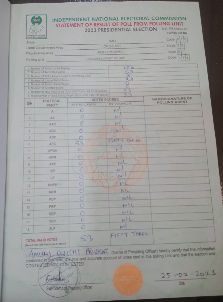 Nichbenjr's tweet image. Update! 
They are still uploading. They are now giving LP and PDP zero (0) votes in other Oru East LGAs where election did not hold.
INEC must not declare a winner till a proper audit is conducted.
This is shameful!

@inecnigeria