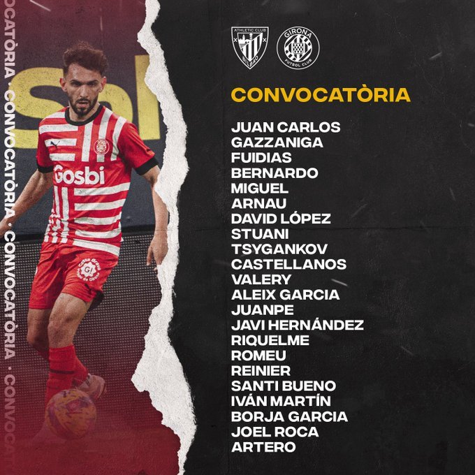 1a Divisió - J23
Convocatòria del Girona per jugar contra Athletic
Cauen Callens per una lesió a la cama dreta i Toni Villa per un esquinç al turmell esquerra
Tornen l'escalenc Valery i Miguel Guti
Convocats els joves Joel Roca i Ricard Artero