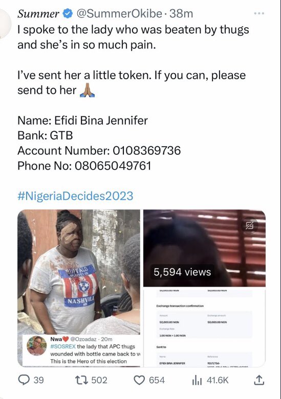 firstladyship's tweet photo. Obidients, here is the detail of our hero of the day. Against wanton attack by Agbado thugs, she stood her ground to cast her vote. Kindly encouragement her with a token. ❤️

Name: Efidi Bina Jennifer
Account No: 0108369736
Bank: GTB https://t.co/hRYrMjlkM5