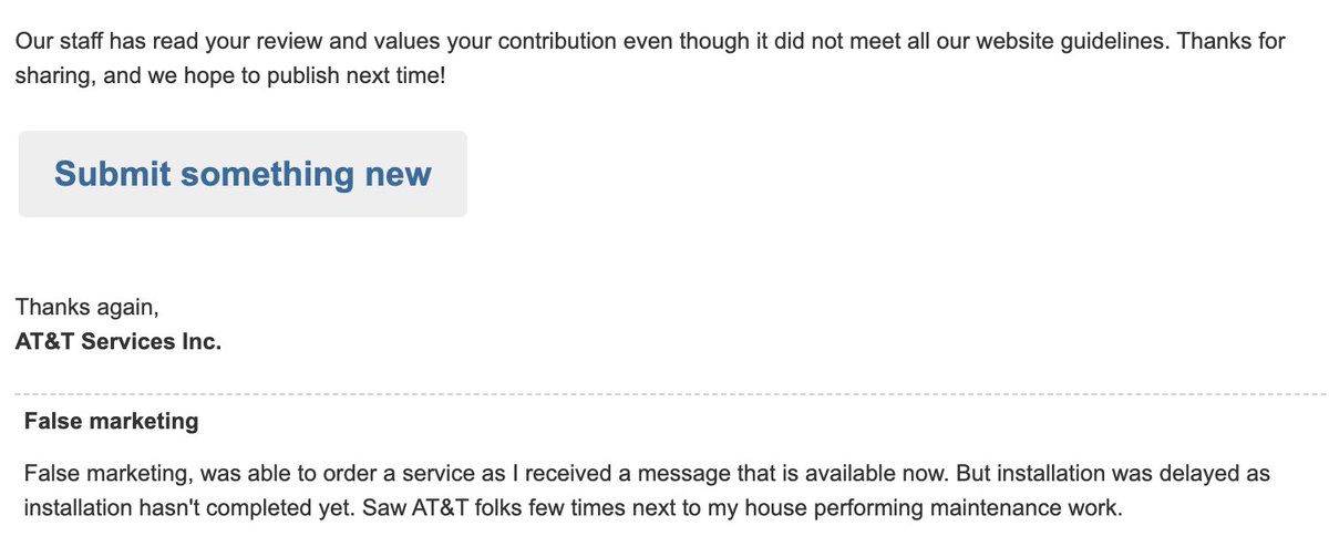 shahdewang's tweet photo. I ordered ATT fiber internet on Feb 1. They delayed activation as it's not ready, although they said it was via their mktg campaign. ATT asked for a review after 20 days, and they rejected my feedback. https://t.co/KDIaHjtcvh