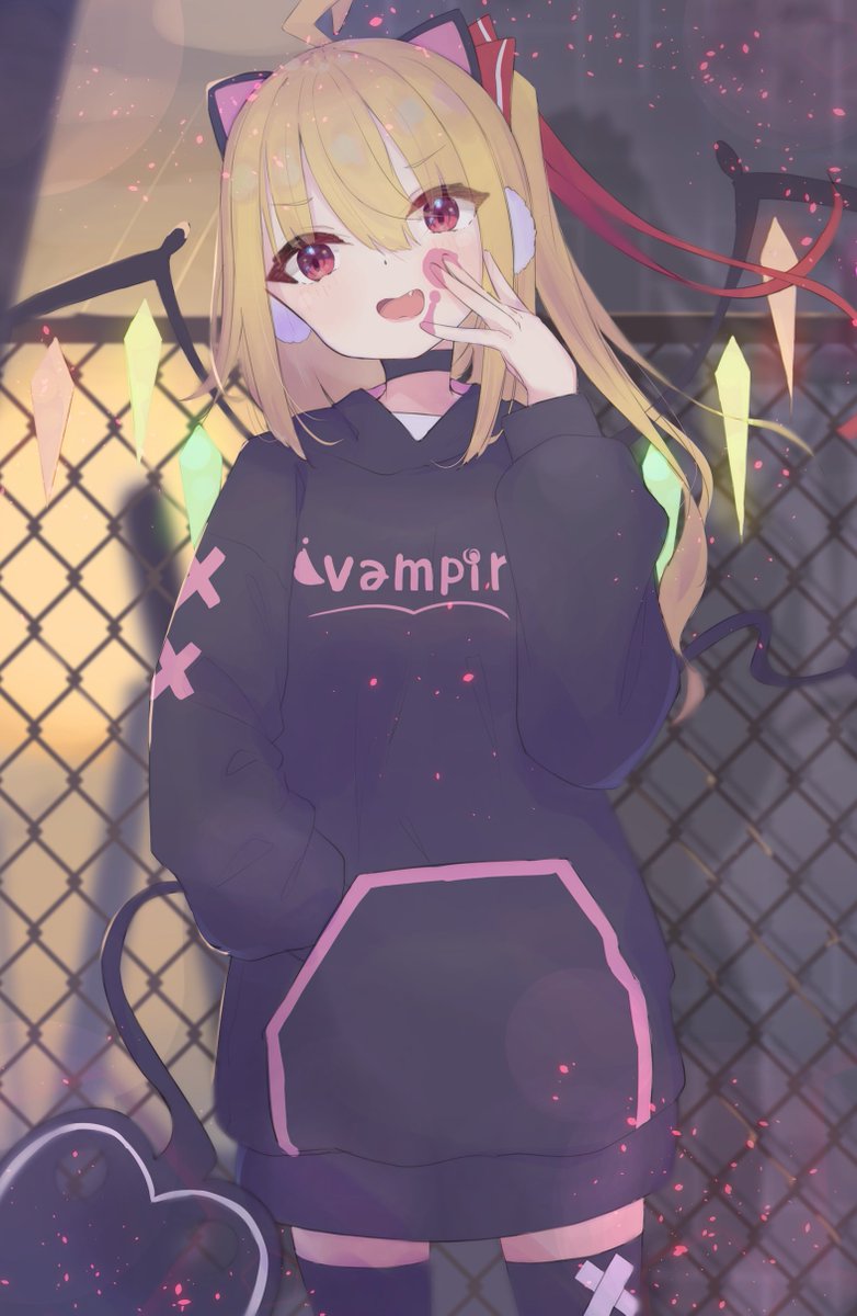 flandre scarlet 1girl solo blonde hair wings fence chain-link fence fang  illustration images