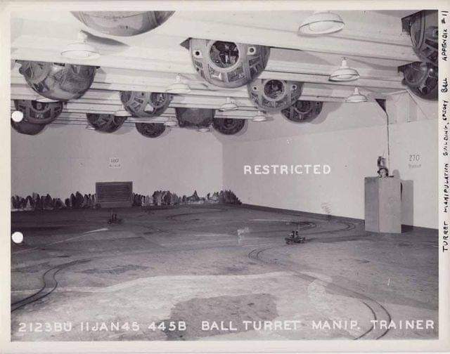 Flight simulation in World War Two was still very much in its infancy, however the USAAF ball turret training simulation looks pretty cool! The enemy aircraft are sent into attack using a miniature railway, the trainee gunners then use their hand (and foot?) controls to track it!