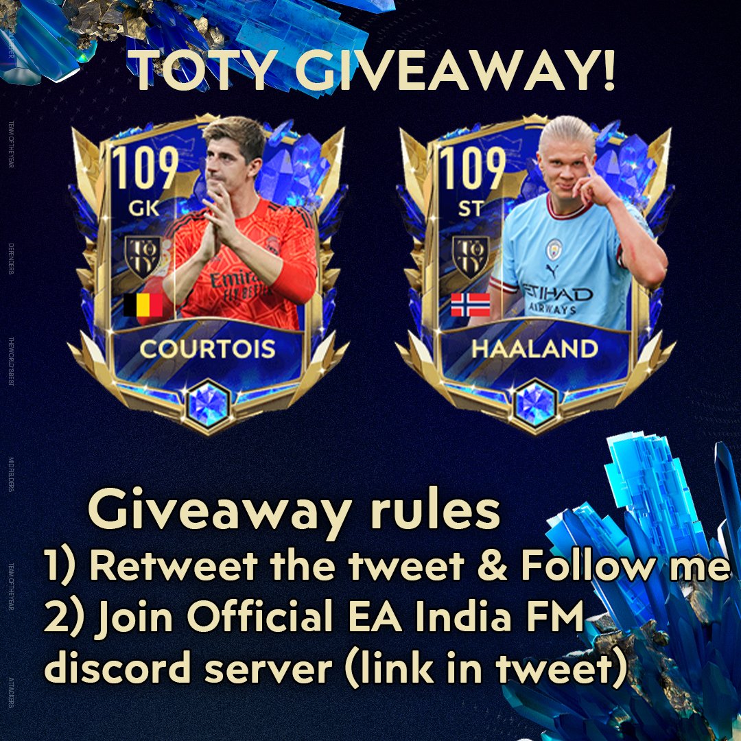 99rkreddy's tweet photo. TOTY Haaland or Courtois Giveaway
To enter:
1) Retweet this tweet &amp; follow me
2) Join @EAFIFAMOBILE India discord server
https://t.co/GbLtIqXl2Q
3) Comment your favourite card from TOTY

Good luck everyone! https://t.co/CiDhQsi1Yk