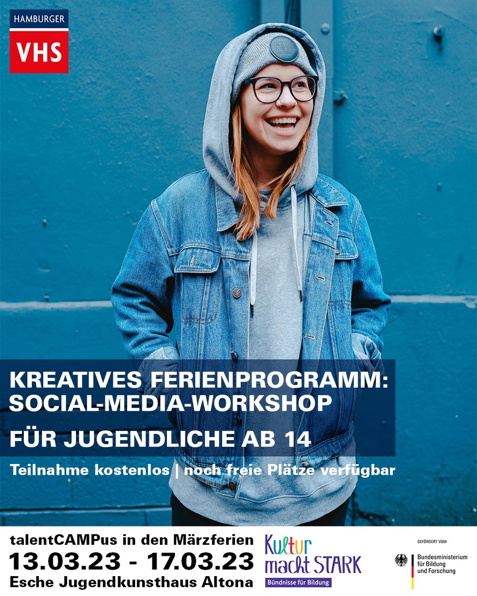 stanleykroeger's tweet photo. #Hamburg #Ferienprogramm Noch jemand auf der Suche nach einem kreativen Workshop (13.-17. März) für Teens ab 14 Jahren? 📱👉🏼https://t.co/wMQTkUGOOY Der talentCAMPus bietet dieses Frühjahr einen kostenlosen Social-Media-Workshop in #Altona an. @hh_vhs https://t.co/9CaYzJwSUo