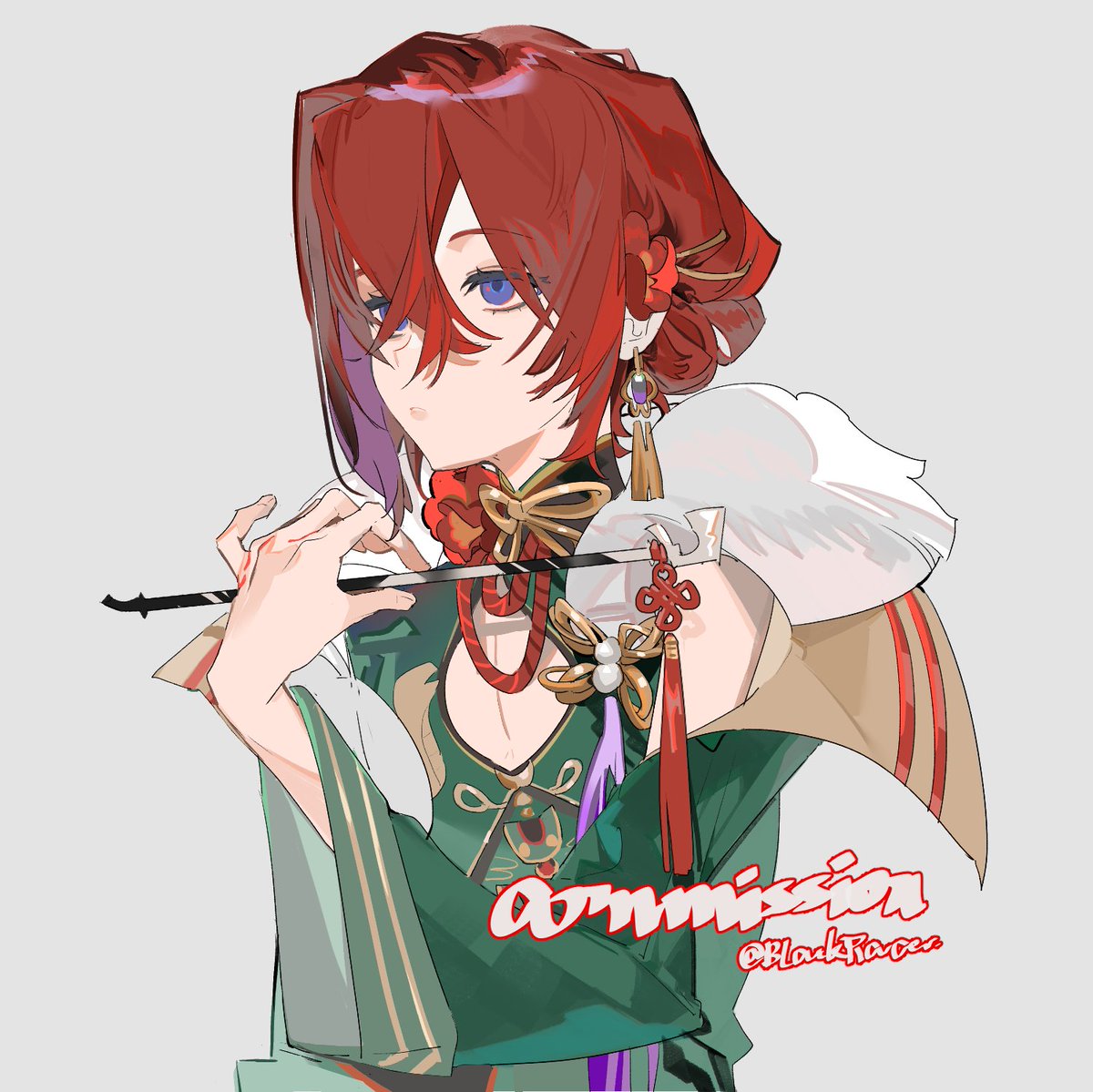 ange katrina 1girl solo red hair holding chinese clothes flower red flower  illustration images