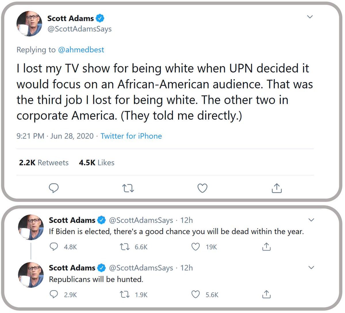 The latest livestream is not the first nor the most egregious #racist statement that <a href="/ScottAdamsSays/">Scott Adams</a> has said.  He has been at it for years.  Why did it take so long for <a href="/USATODAY/">USA TODAY</a> and others to drop him and his #whiteprivilege ?