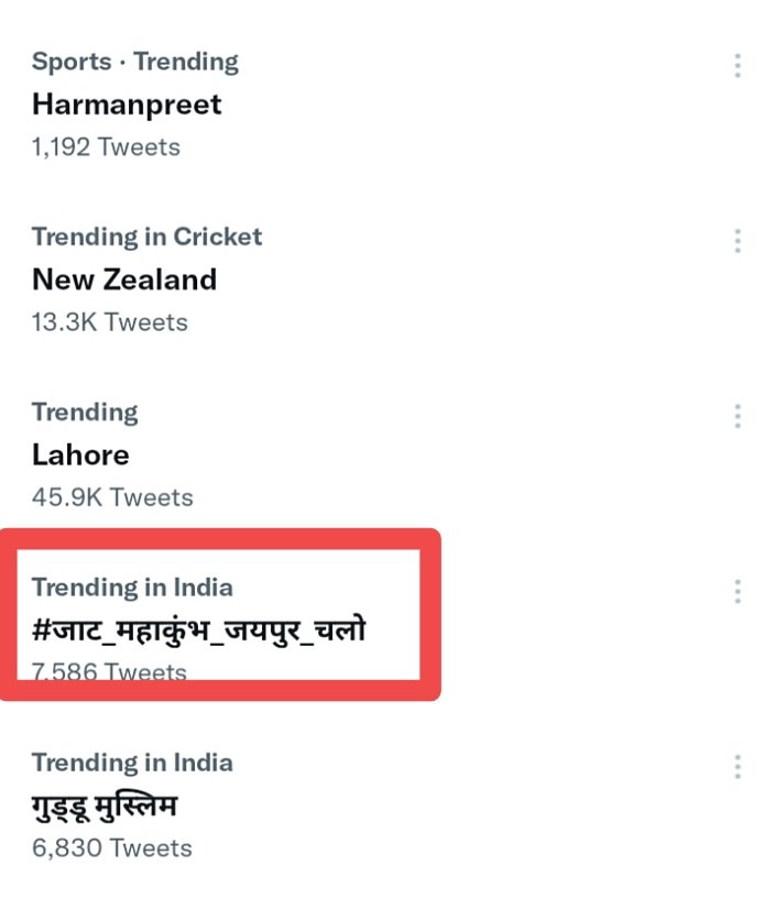 Trending in India 🚜🚜
शानदार जाटों ...
राजस्थान के अधिकतर जिलों में नेट बंद के बावजूद इंडिया में ट्रेंड कर रहा है #जाट_महाकुंभ_जयपुर_चलो । 

ट्वीट करते रहो इसी तरह एवं रात को इंटरनेट शुरू होते ही होगा स्पेशल ट्वीटर वॉर👇🏾
समय:-7.00 PM से 10.00 PM
Hastag:- #जाट_महाकुंभ_जयपुर_चलो