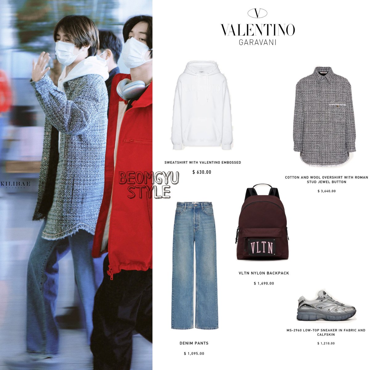 230226 ICN Departure sponsored by VALENTINO @MaisonValentino - Sweatshirt With VLTN Embossed/ $630 - Wool Overshirt with Roman Stud Jewel Button/ $3640 - Denim Pants/ $1095 - VLTN Nylon Backpack / $1690 - MS-2960 Low-top Sneaker/ $1210 #범규 #BEOMGYU #TXT #TOMORROW_X_TOGETHER