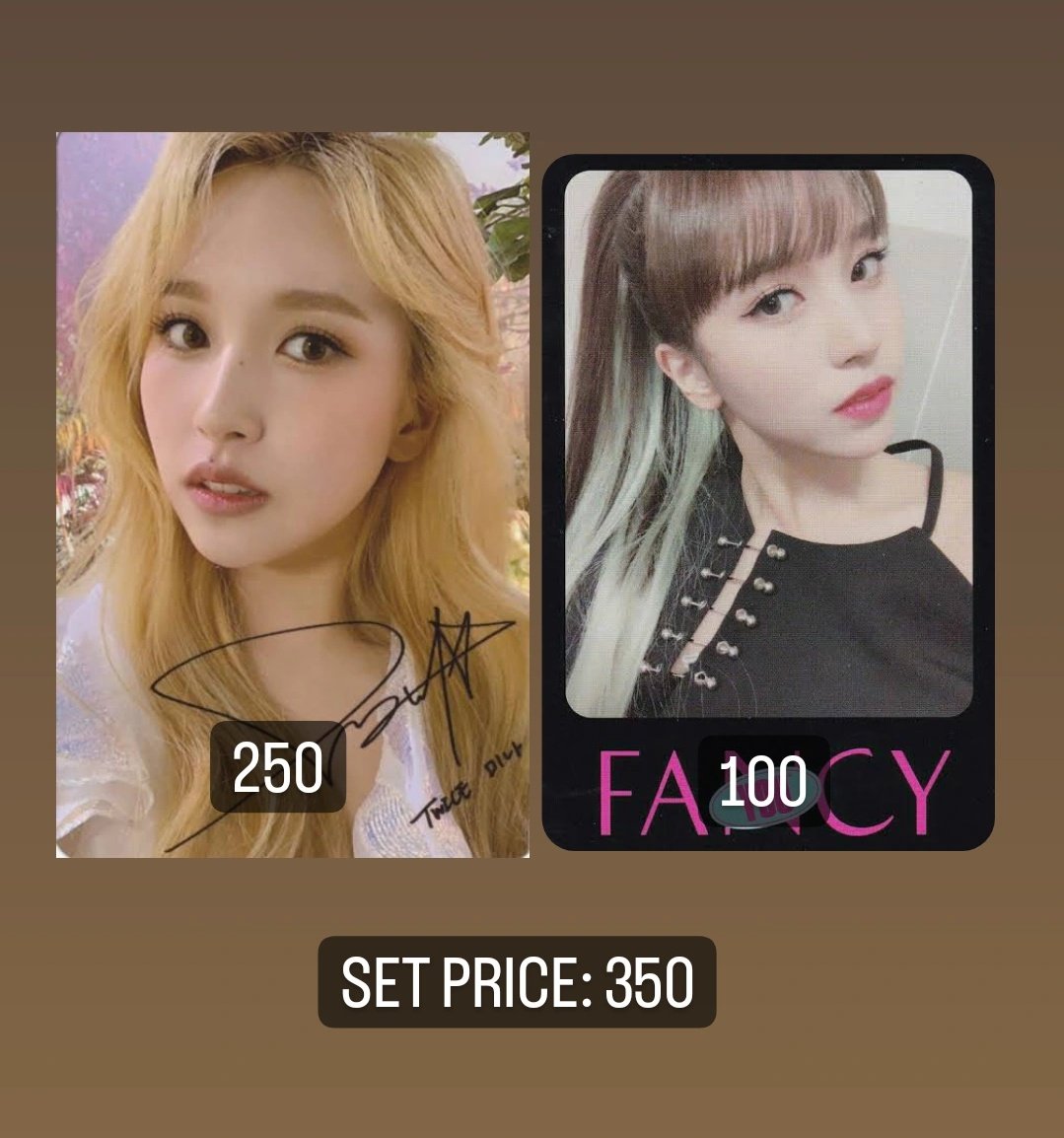 cchrishawscart's tweet photo. wts lfb

twice assorted sets pc photocard

- set per picture, set price on pic
- march eta
- payment once onhand

x sensitive and impatient x

comment mine + picture to claim or dm me!

; mina mnm more and more signed chae chaeyoung thin border https://t.co/gPbLpzcFaH
