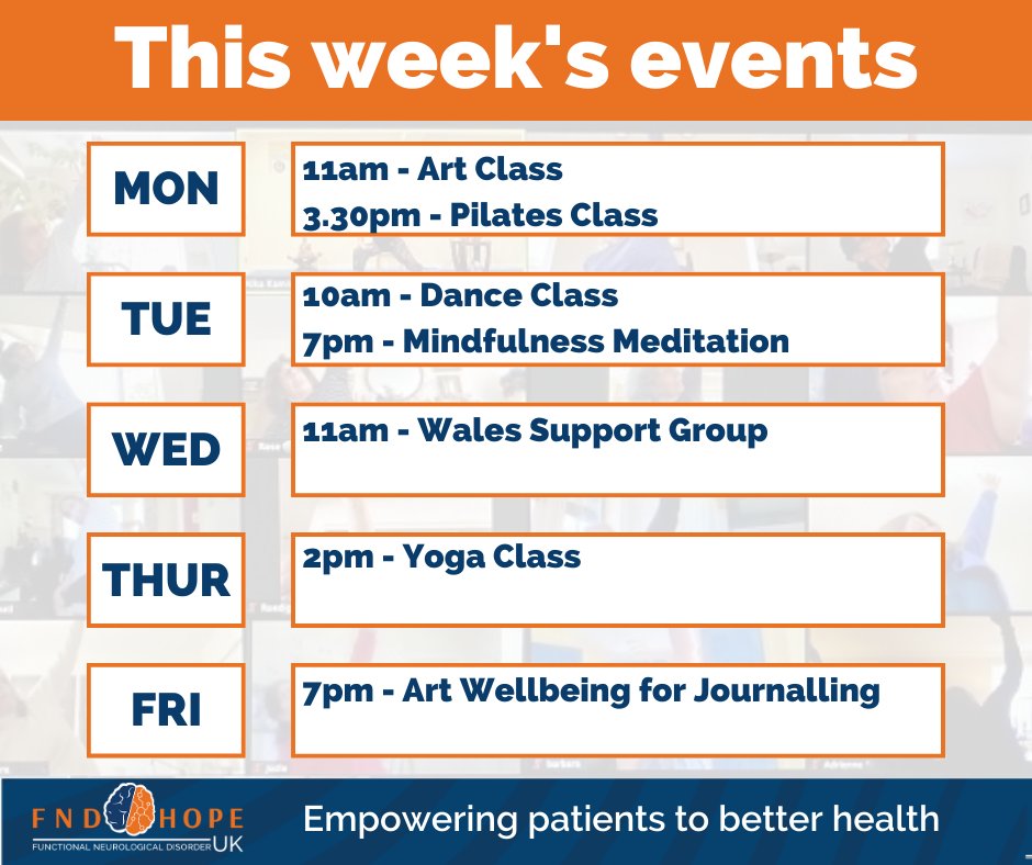 FNDHopeUK's tweet photo. 📌ONLINE MOVEMENT, WELLBEING & SUPPORT GROUPS THIS WEEK 📌
🖥️ Come along and join our classes today and be part of our #FNDCommunity - https://t.co/YBOBMHteRj
#FND #FNDSupportGroup #functionalneurologicaldisorder #yoga #pilates #mindfulness #mindfulnessmeditation #art https://t.co/CQPEofg5YE