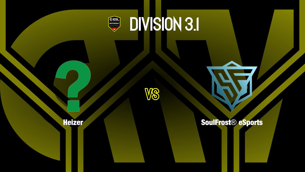 📢 Es geht in die zweite Runde der #ESLM

📺 twitch.tv/ctvcsgode 🇩🇪
🎙 <a href="/_FudoD/">FudoD</a> 🇩🇪

🏟 #ESLMeisterschaft Division 3.1

🕖 19:00 Uhr
⚔ #Heizer 🆚 <a href="/SFeSportsORG/">SoulFrost® eSports</a>