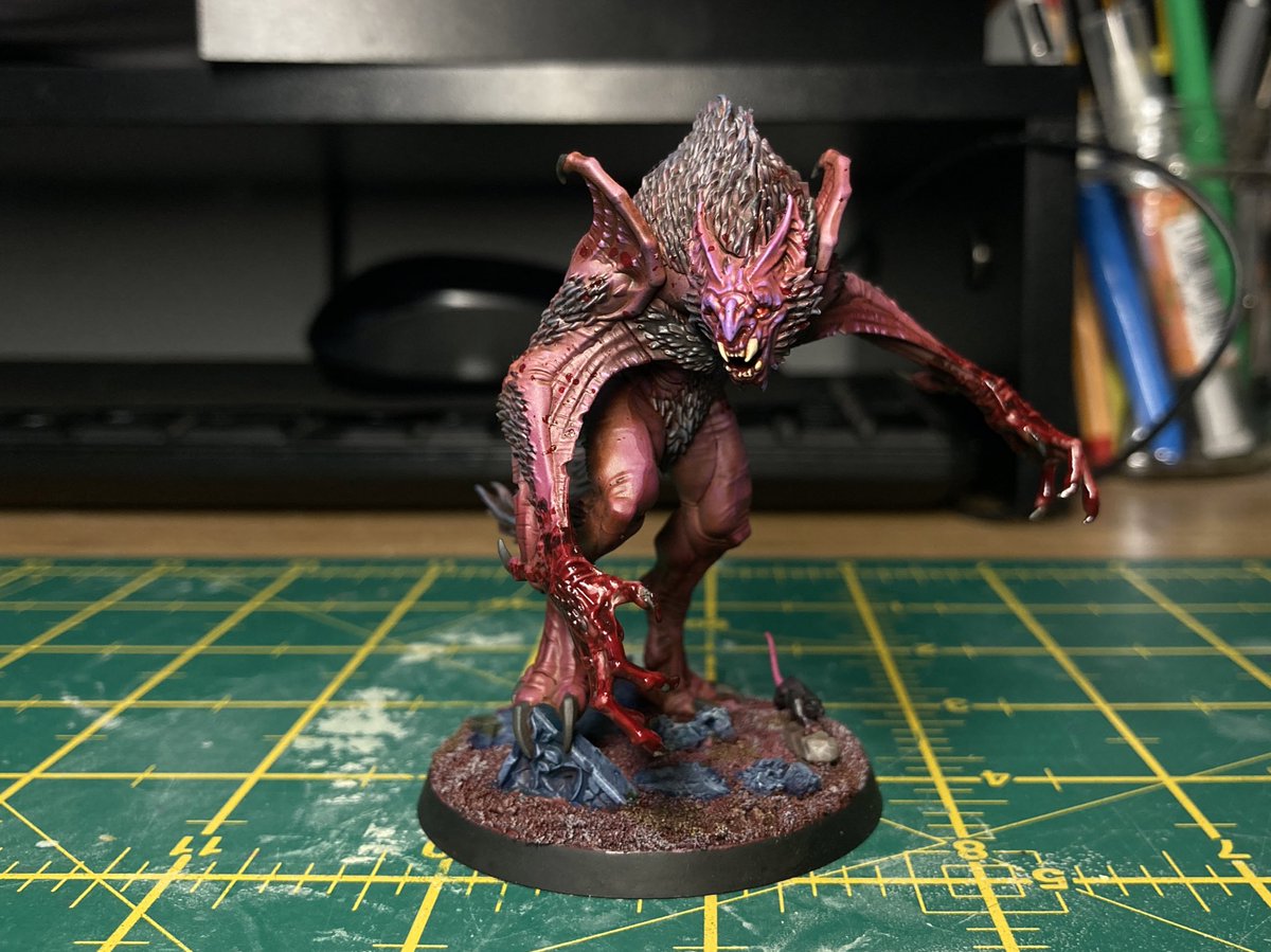 HarkinBaird's tweet photo. Still chipping away at other projects but painted this Vargskyr up quickly using mostly an airbrush to test some blood effects. 

#WarhammerCommunity #Warhammer #cursedcity https://t.co/LISarjkTvs