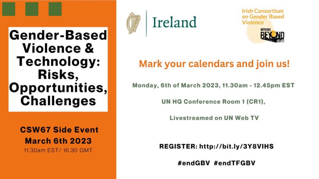 Date for the diary! @ICGBV_Ireland is hosting a #CSW67 side event with @irishmissionun & @dcediy on March 6 11:30am EST. Hear from Nepal, Somalia, Sierra Leone, Tanzania, Belgium & Ireland working to end gender based violence.
Register: bit.ly/3Y8VIHS 
#endGBV #endTFGBV