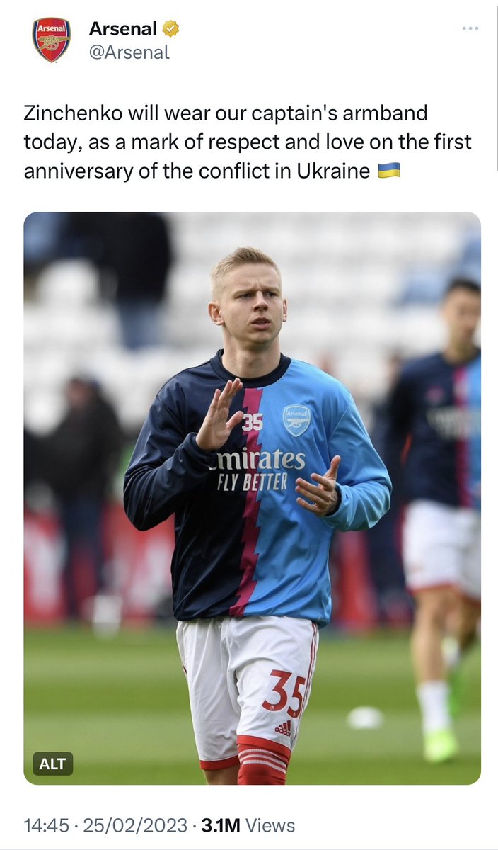 smile2jannah's tweet photo. The same Arsenal had a problem with Palestinian activism but no problem when it came to Ukrainian activism. #hypocrisy https://t.co/Y82w13kPLc