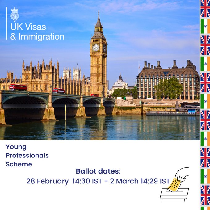 📢 48 hours to go ⤵️

The first Young Professionals Scheme ballot will be open from 14:30 IST on 28 February to 14:29 IST on 2 March. To know more about eligibility and how to apply, visit: gov.uk/india-young-pr… 

#IndiaYPS #LivingBridge