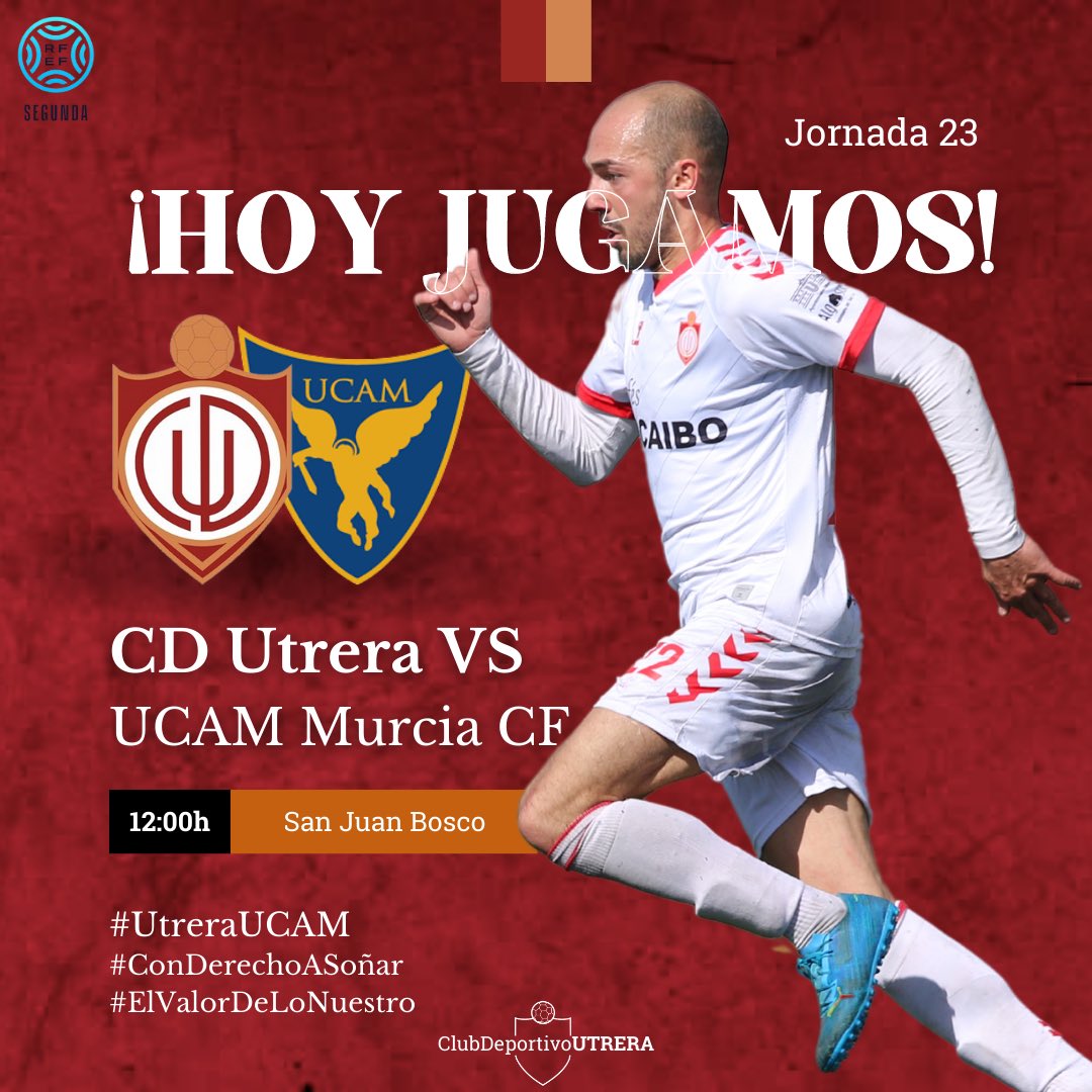 𝐂𝐃 𝐔𝐓𝐑𝐄𝐑𝐀 𝐃𝐀𝐘 ☀️⚽️💪🏼

Hoy recibimos al <a href="/UCAMMurciaCF/">UCAM Murcia CF</a> 
⏰ 12:00h
🏟️ San Juan Bosco
📍 Utrera (Sevilla)
🎟️ 10€
📺 cdutrera.webdirecto.com
🏆 Jornada 23 | 2ª RFEF G IV.

#UtreraUCAM
#ConDerechoASoñar #ElValorDeLoNuestro