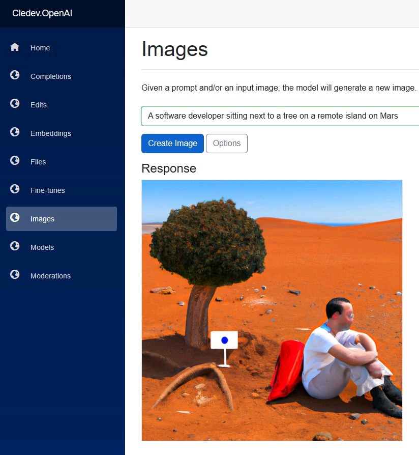 Having fun with OpenAI and Blazor.

Image created with prompt "A software developer sitting next to a tree on a remote island on Mars" 😆

.NET SDK and Blazor playground are open source and available on GitHub github.com/lucabriguglia/…

#OpenAI #Blazor #Sdk #Dotnet #opensource