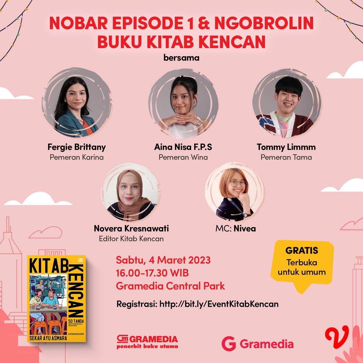 vidio's tweet photo. Mau nobar episode 1 dan ngobrolin buku Kitab Kencan bareng para cast?
Yuk dateng ke Gramedia Central Park hari Sabtu, 4 maret 2023, disana kita bakalan seru-seruan bareng para cast Vidio Original Series : Kitab Kencan!
#SemuaAdaDiVidio #VidioOriginals #KitabKencan https://t.co/EnJEjYR7yA